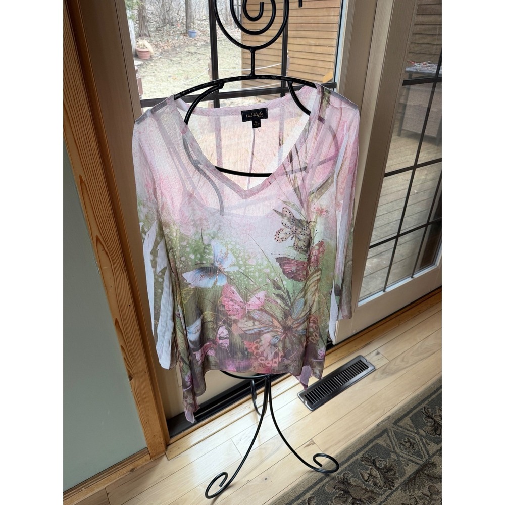 Cal Style USA Womens Butterfly Print Sheer V-Neck Tunic Rhinestone Pink Green M